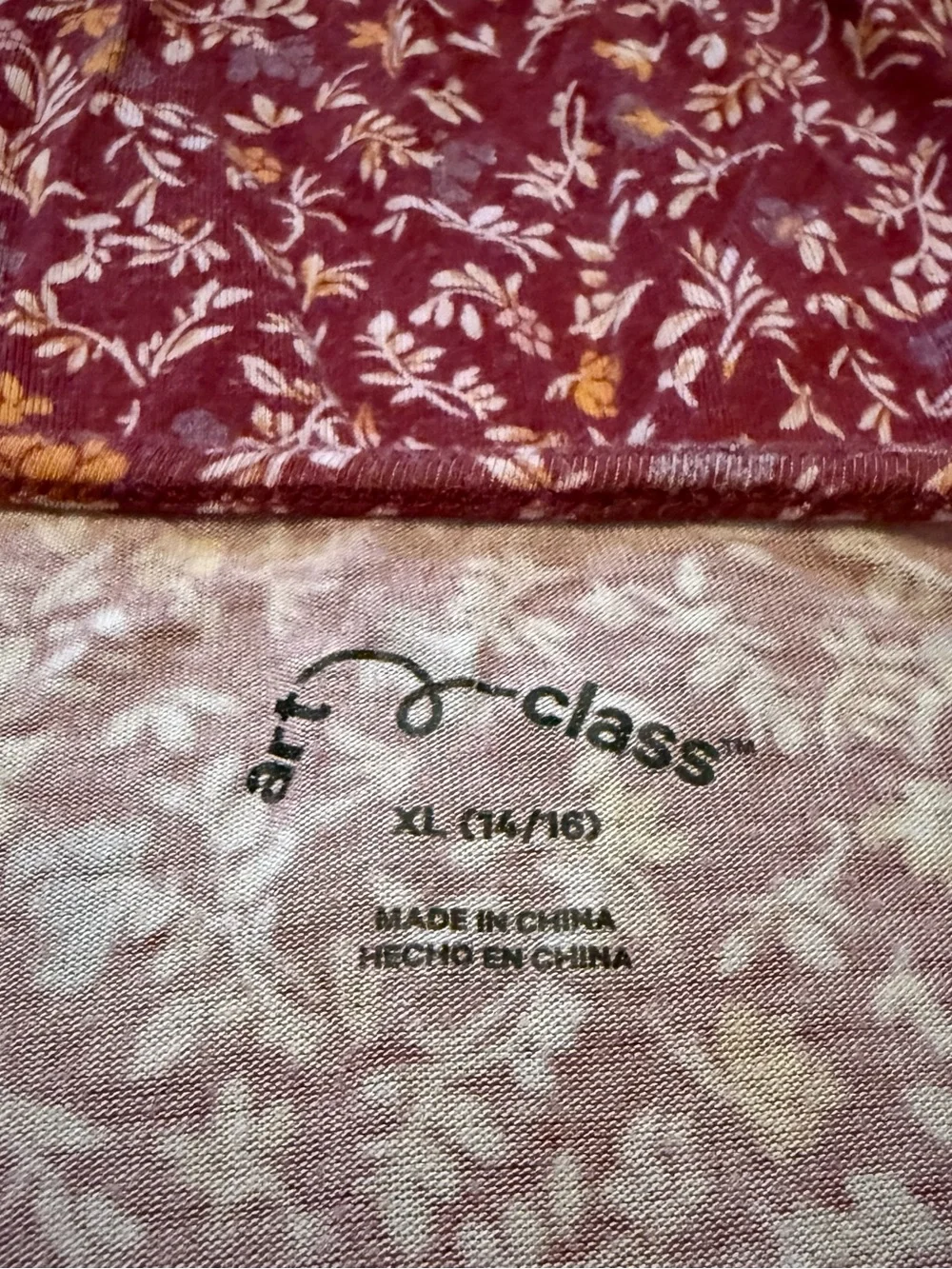 art class Burgundy And Pink Floral Long Ruffle Trim Sleeve Peplum Button Top